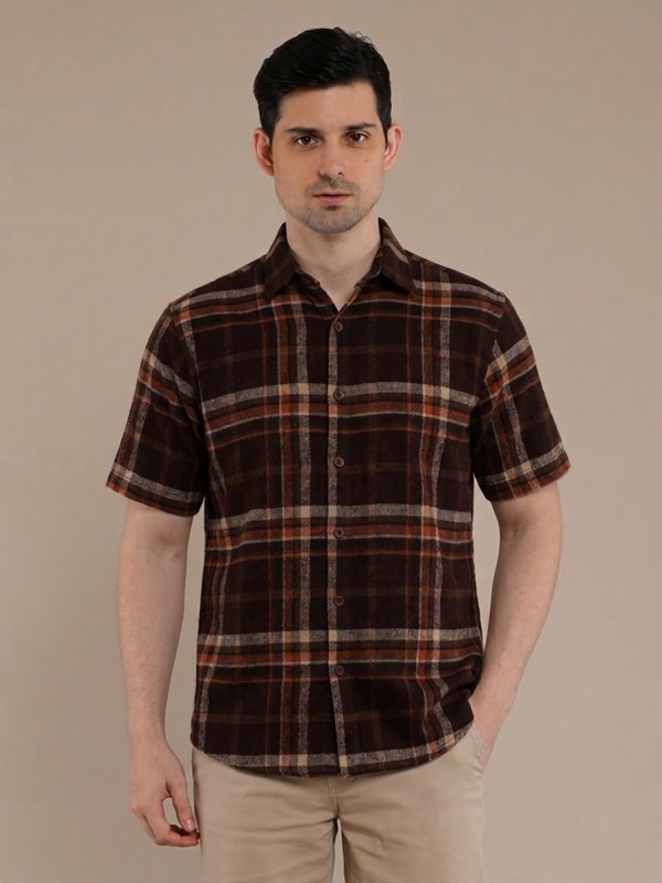 Brown Orange Flannel Checkered Short Sleeve Shirt