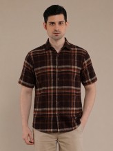 Brown Orange Flannel Checkered Short Sleeve Shirt