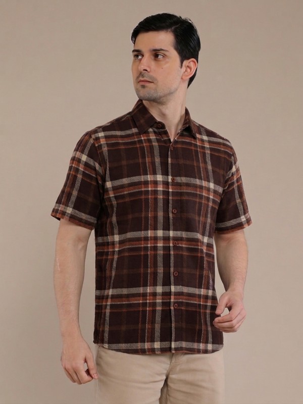 Brown Orange Flannel Checkered Short Sleeve Shirt