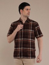 Brown Orange Flannel Checkered Short Sleeve Shirt
