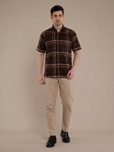 Brown Orange Flannel Checkered Short Sleeve Shirt