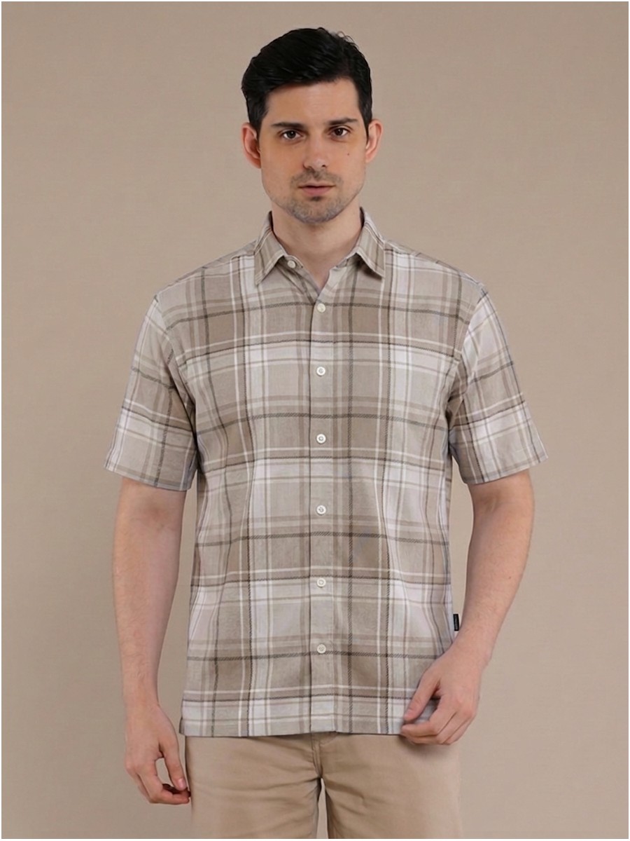Cream Stone Flannel Checkered Short Sleeve Shirt