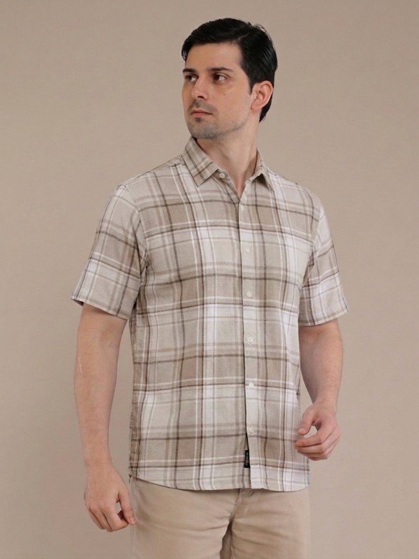 Cream Stone Flannel Checkered Short Sleeve Shirt