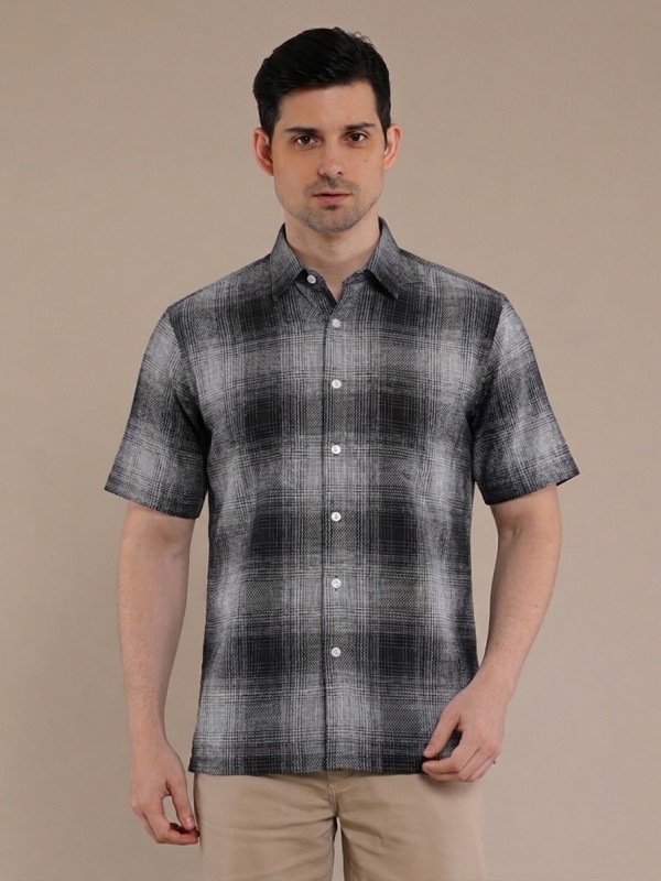 Charcoal Grey Flannel Checkered Short Sleeve Shirt