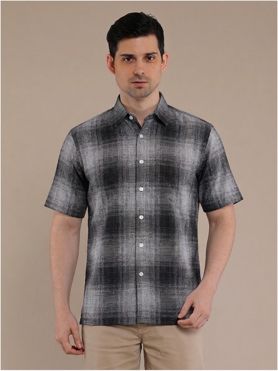 Charcoal Grey Flannel Checkered Short Sleeve Shirt