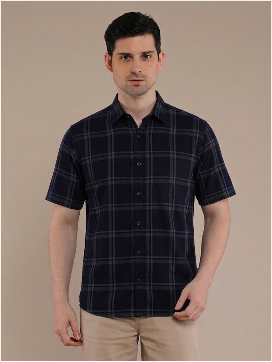 Navy Grey Flannel Checkered Short Sleeve Shirt