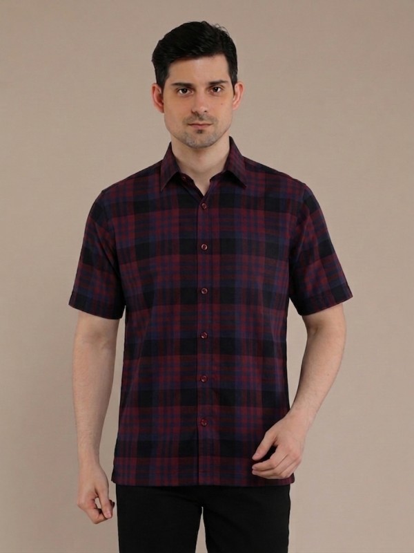 Burgundy Navy Flannel Checkered Short Sleeve Shirt