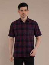 Burgundy Navy Flannel Checkered Short Sleeve Shirt