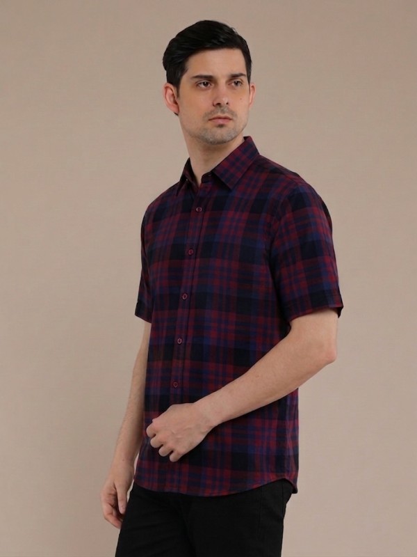 Burgundy Navy Flannel Checkered Short Sleeve Shirt