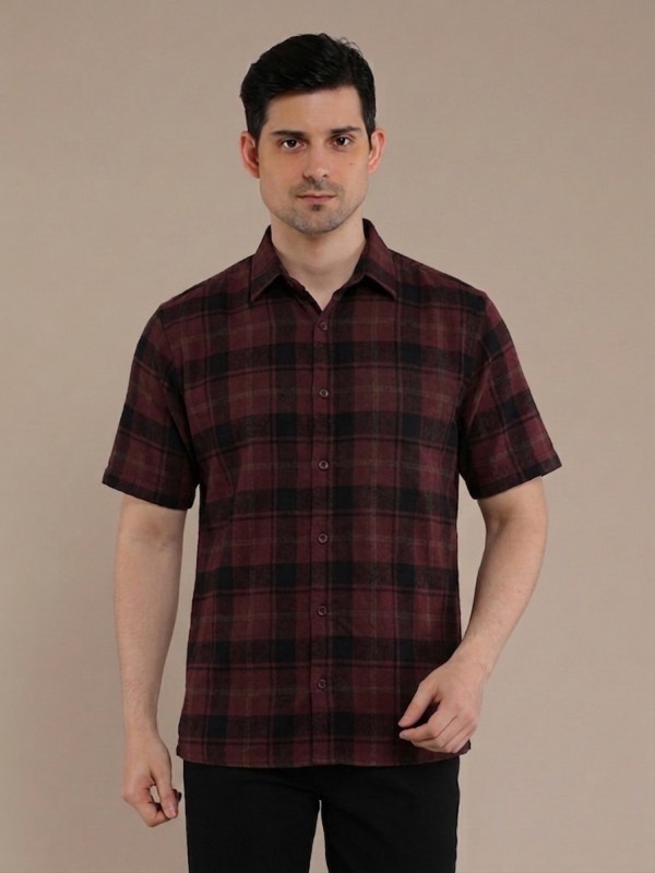 Maroon Black Flannel Checkered Short Sleeve Shirt