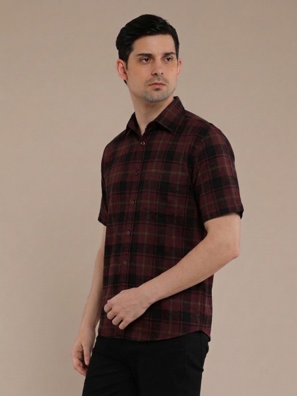 Maroon Black Flannel Checkered Short Sleeve Shirt