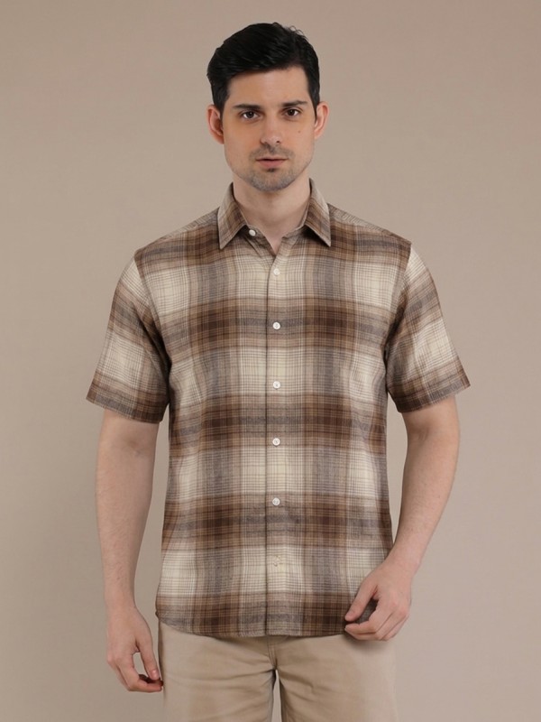 Cream Tan Checkered Short Sleeve Shirt