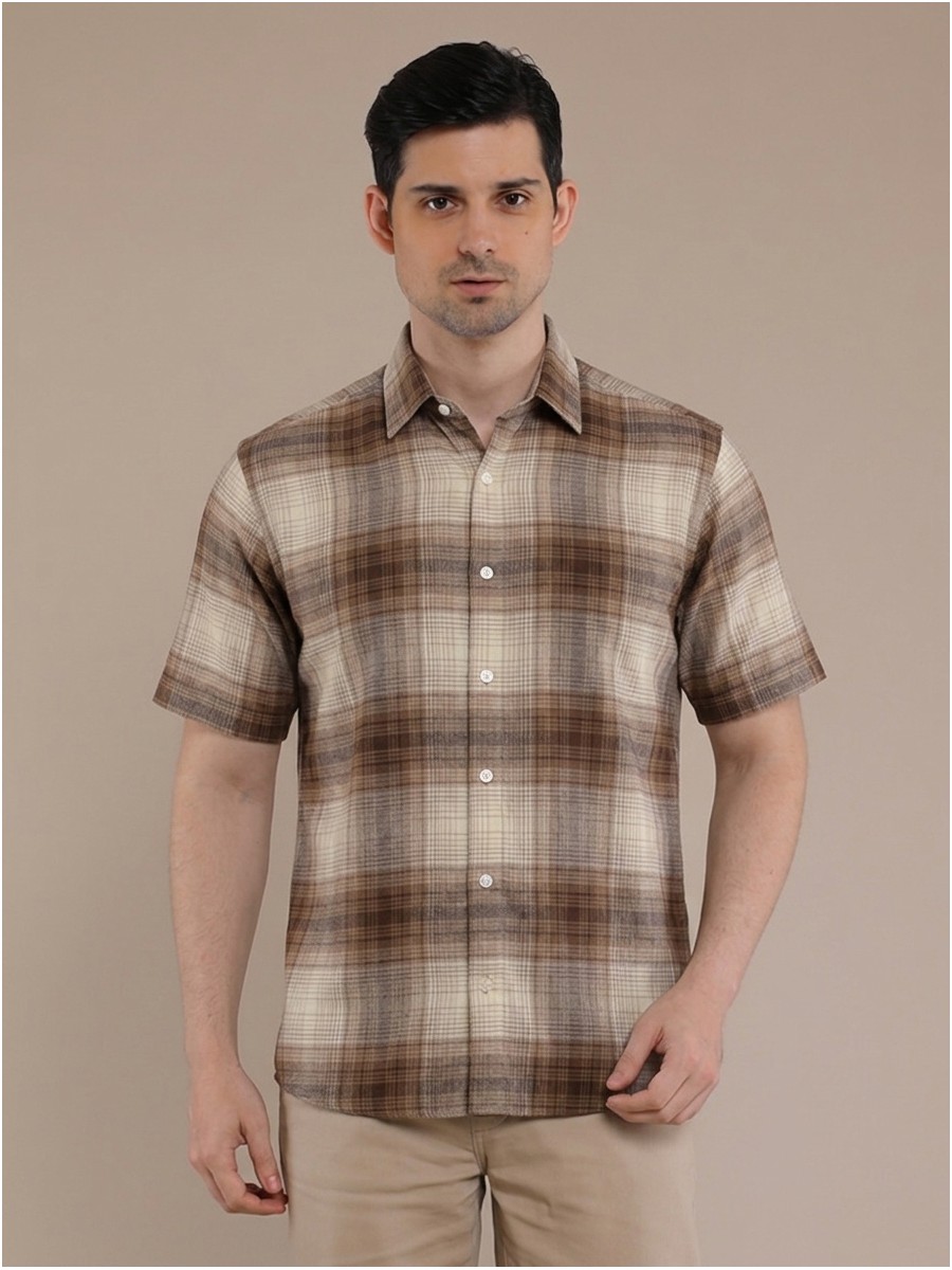 Cream Tan Checkered Short Sleeve Shirt