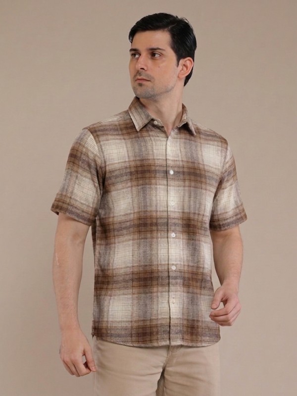Cream Tan Checkered Short Sleeve Shirt