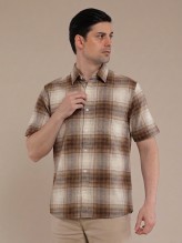 Cream Tan Checkered Short Sleeve Shirt