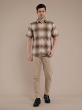 Cream Tan Checkered Short Sleeve Shirt